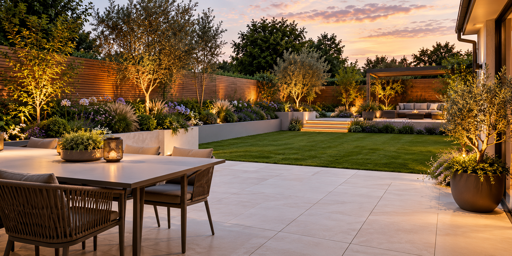 Garden design concept with a porcelain patio, lawn and raised planting beds